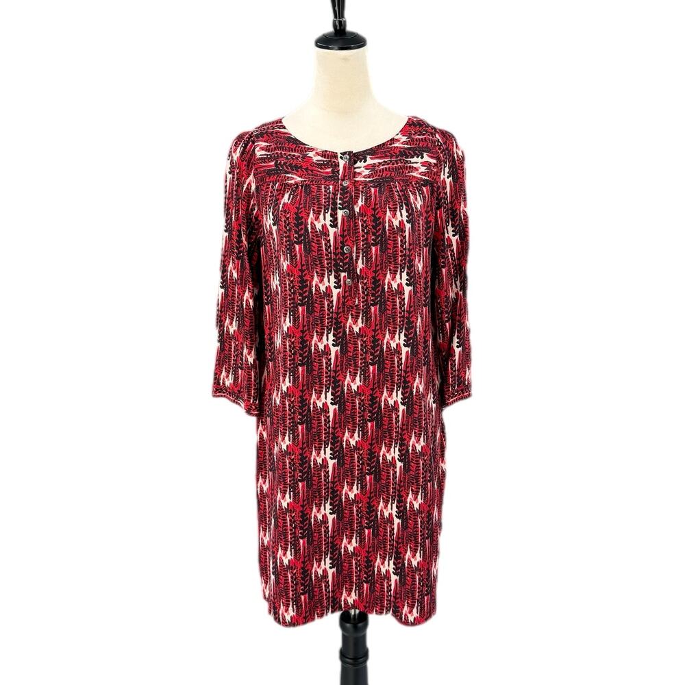 Fossil Red Black Feather Artsy Print 100% Silk 3/4 Sleeve Mini Shift Dress